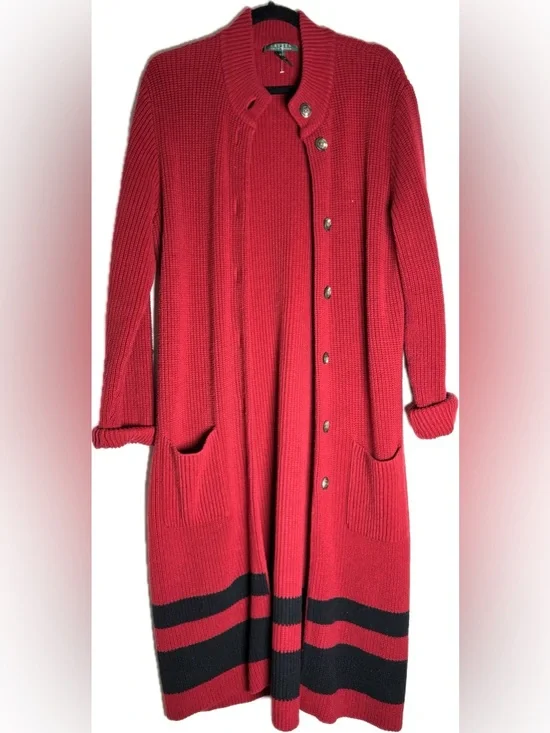 Vintage Lauren Ralph Lauren Red Long Knit Duster Sweater Minimalist - Picture 2 of 5